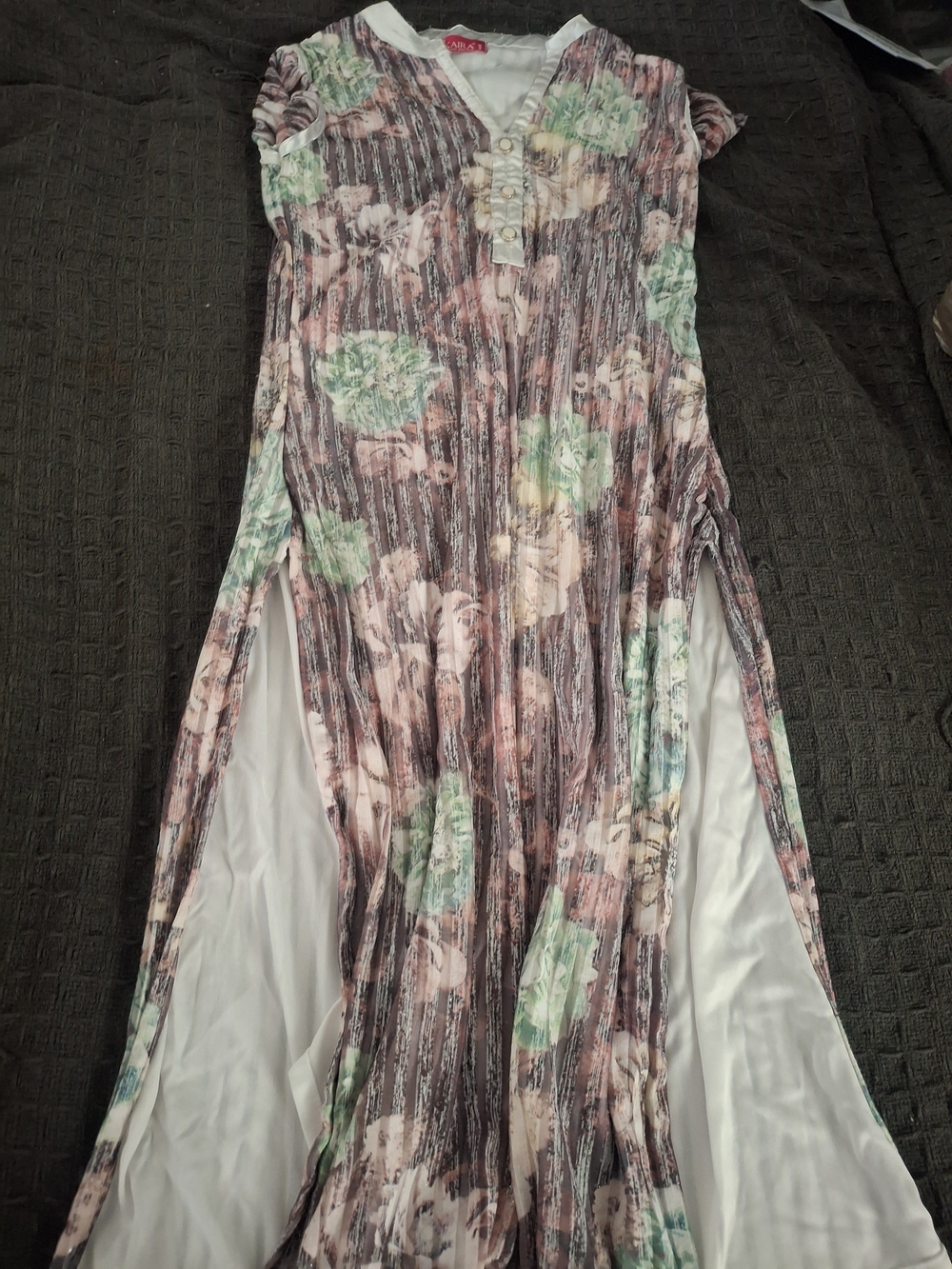 Pleated Floral Maxi Dress in Pastel Green and Pink
